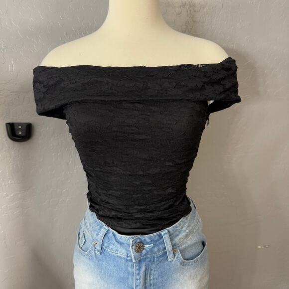 Lulus Sultry Whimsy Black Lace Off-the-Shoulder Bodysuit, Small, 2495831 - Picture 1 of 8